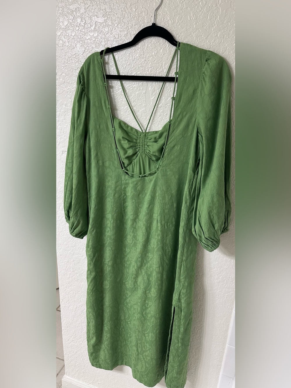 Maeve Anthropologie Green Jacquard Open Back Midi Dress Puff Sleeve US 10 - Picture 2 of 14